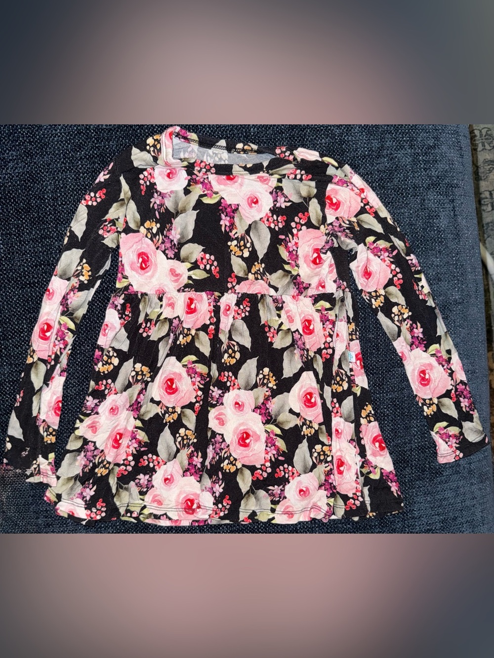 Posh Peanut Black and Pink Floral Long Sleeve Skirted Dress